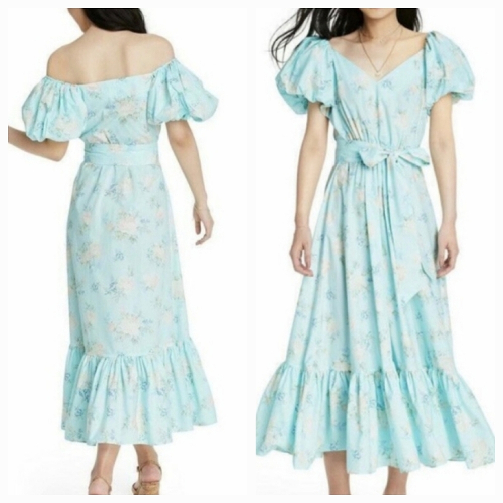 LoveShackFancy Light Blue Floral Midi Dress